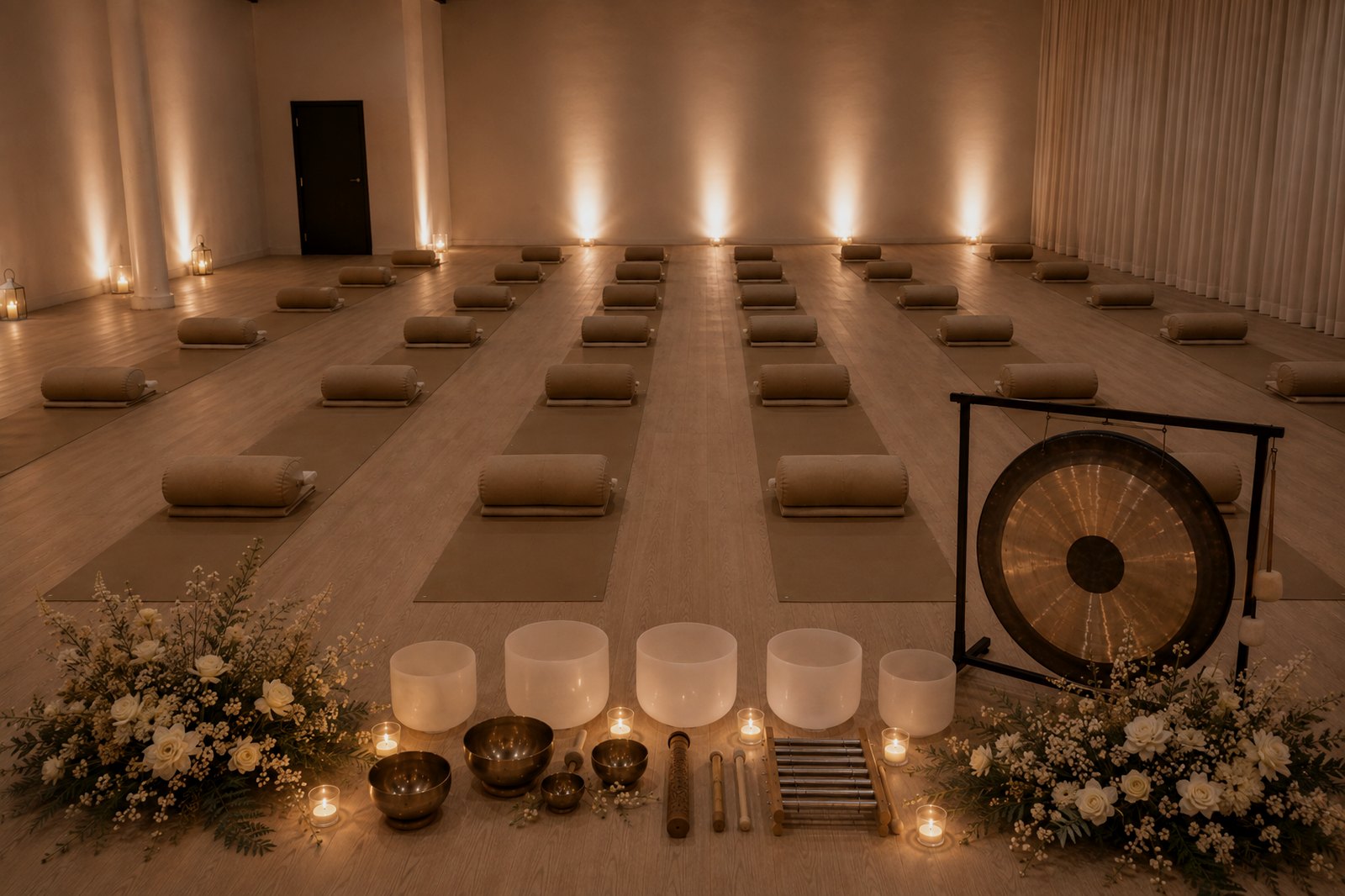 Candlelit room set with mats, cushions and a gong